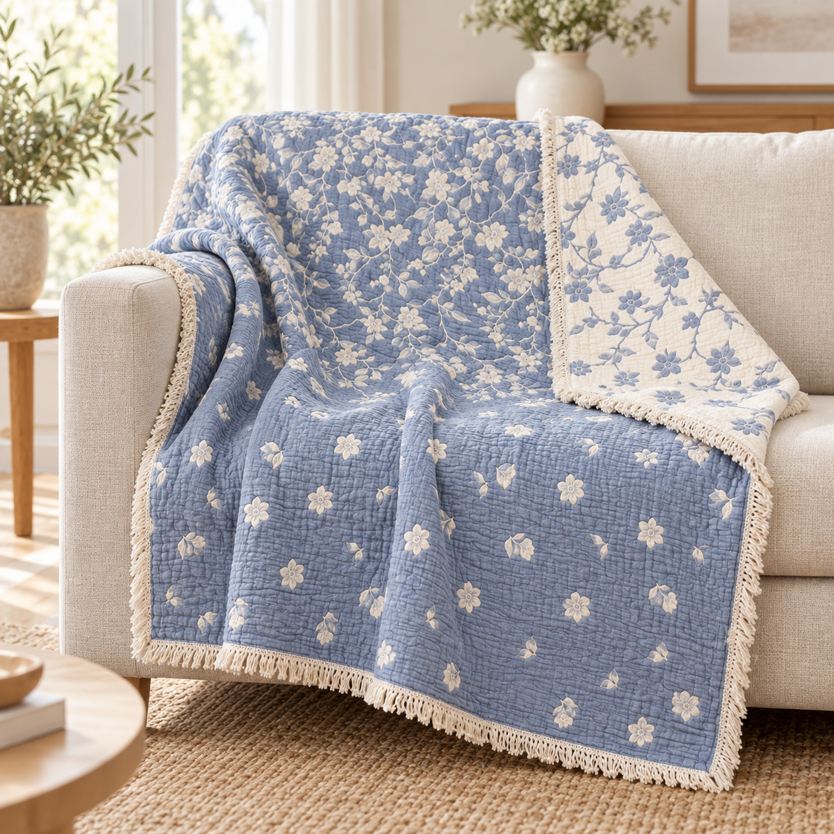 100% Cotton Reversible Quilt Blanket – Blue & Ivory Floral, 96 × 100 cm
