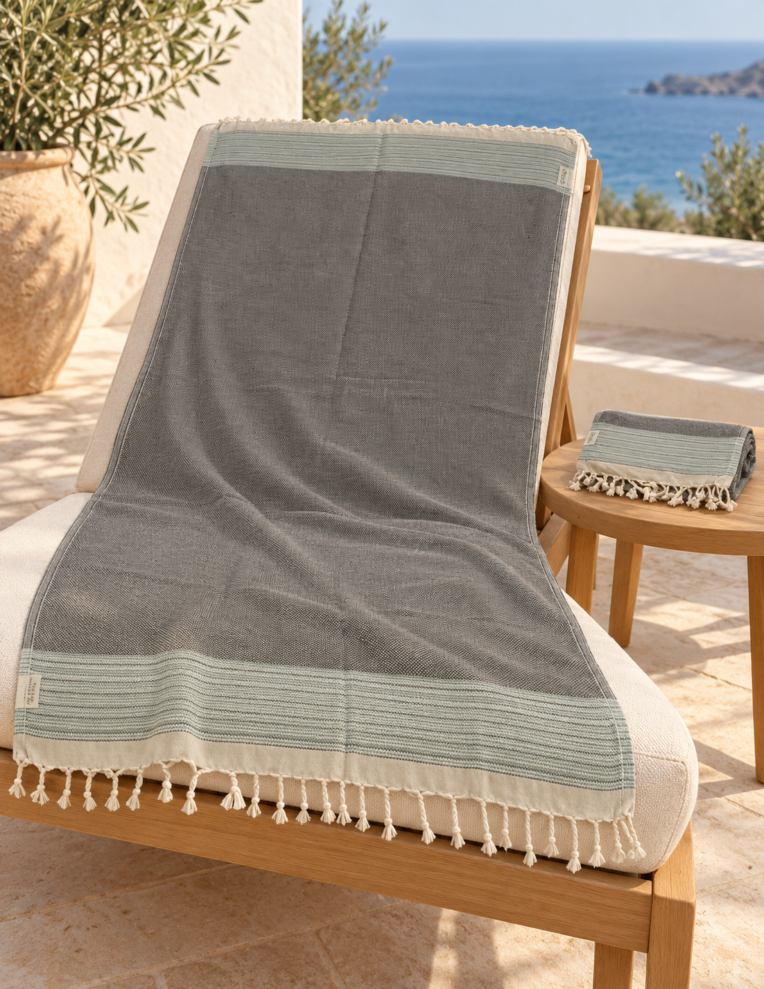 Charcoal Gray & Sage Stripe 100% Cotton Peshtemal Set with Matching Head Towel