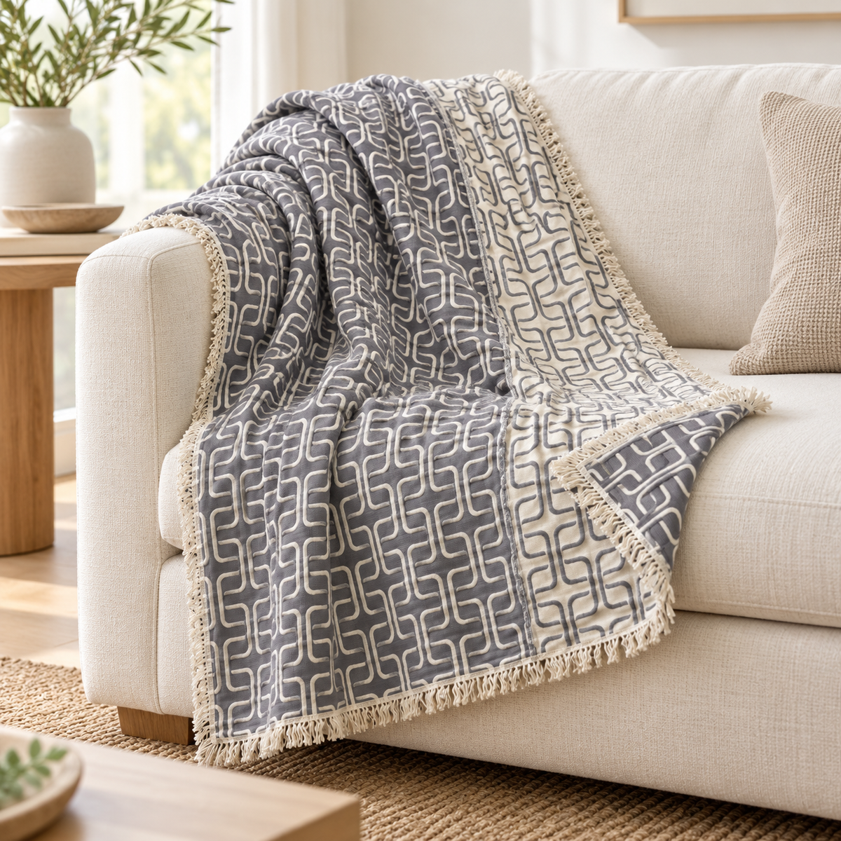 100% Cotton Reversible Quilt Blanket – Charcoal & Ivory Geometric, 96 × 100 cm
