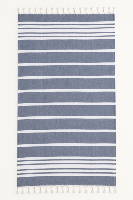 100% Cotton Striped Peshtemal – Blue-Gray & White Description