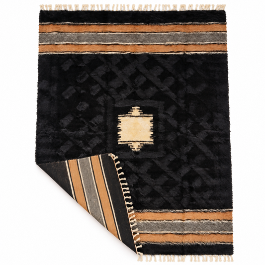 Handwoven 100% Mohair Goat Wool Blanket – Black, Camel & Taupe
