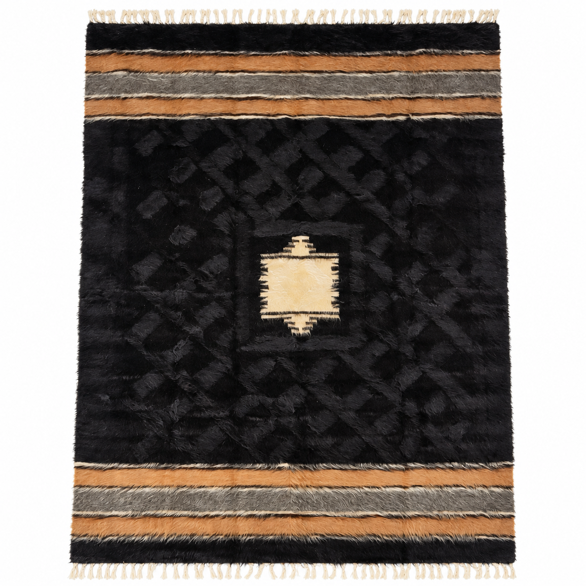 Handwoven 100% Mohair Goat Wool Blanket – Black, Camel & Taupe