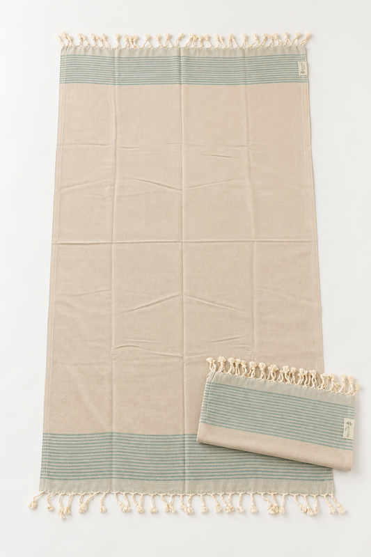 Beige 100% Cotton Peshtemal Set with Matching Head Towel