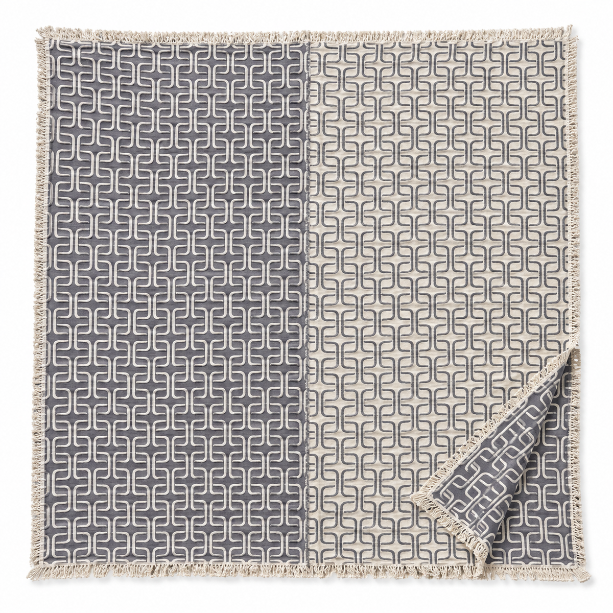100% Cotton Reversible Quilt Blanket – Charcoal & Ivory Geometric, 96 × 100 cm