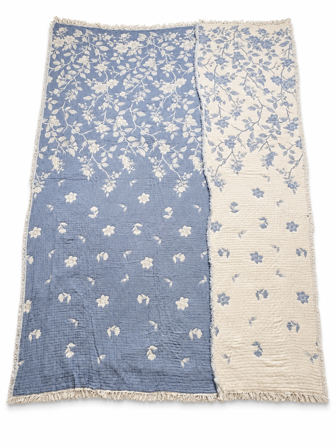 100% Cotton Reversible Quilt Blanket – Blue & Ivory Floral, 96 × 100 cm