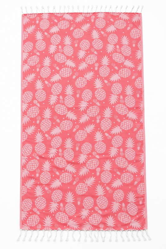 100% Cotton Pineapple Print Peshtemal – Coral Pink & White