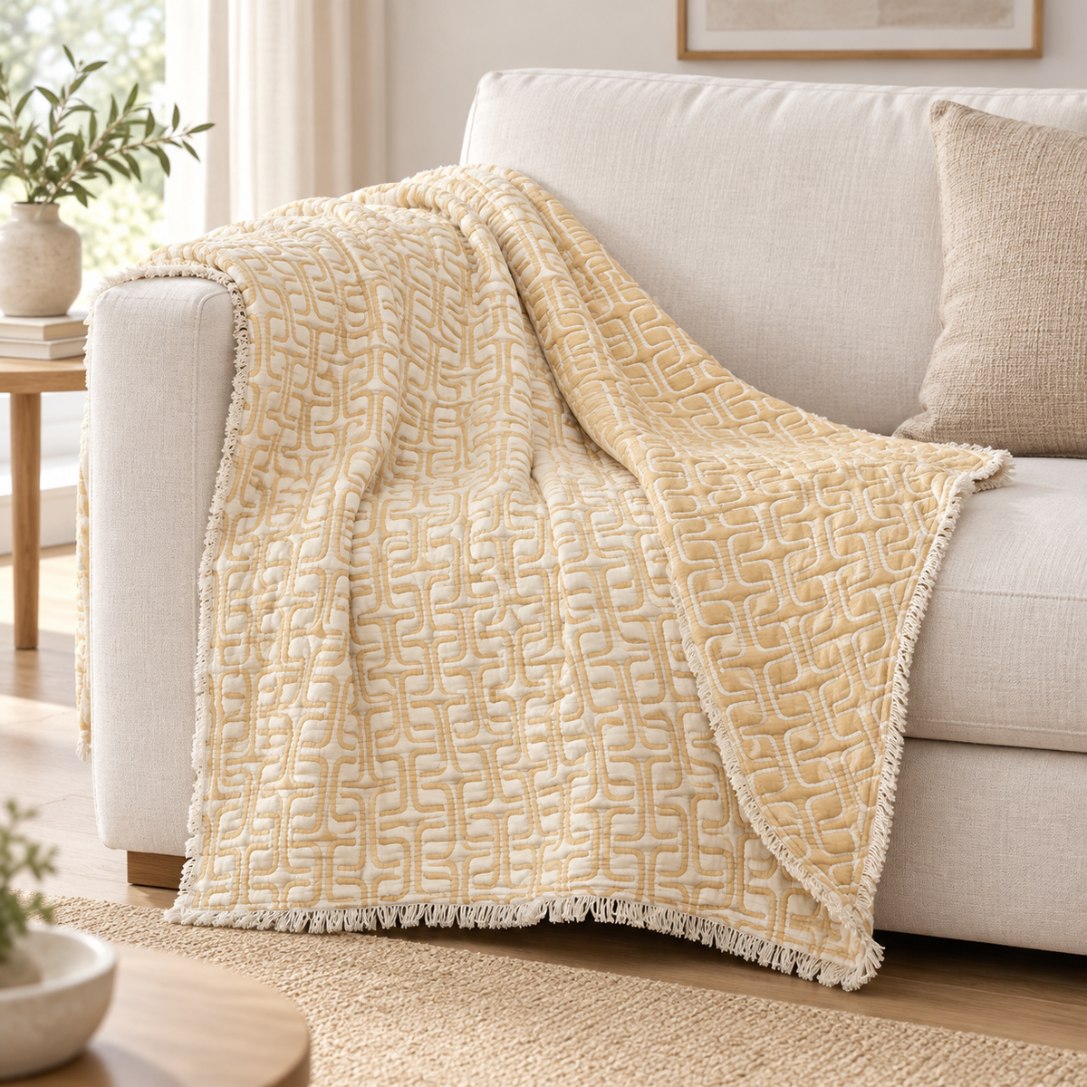 100% Cotton Reversible Quilt Blanket – Sand & Ivory Geometric, 96 × 100 cm