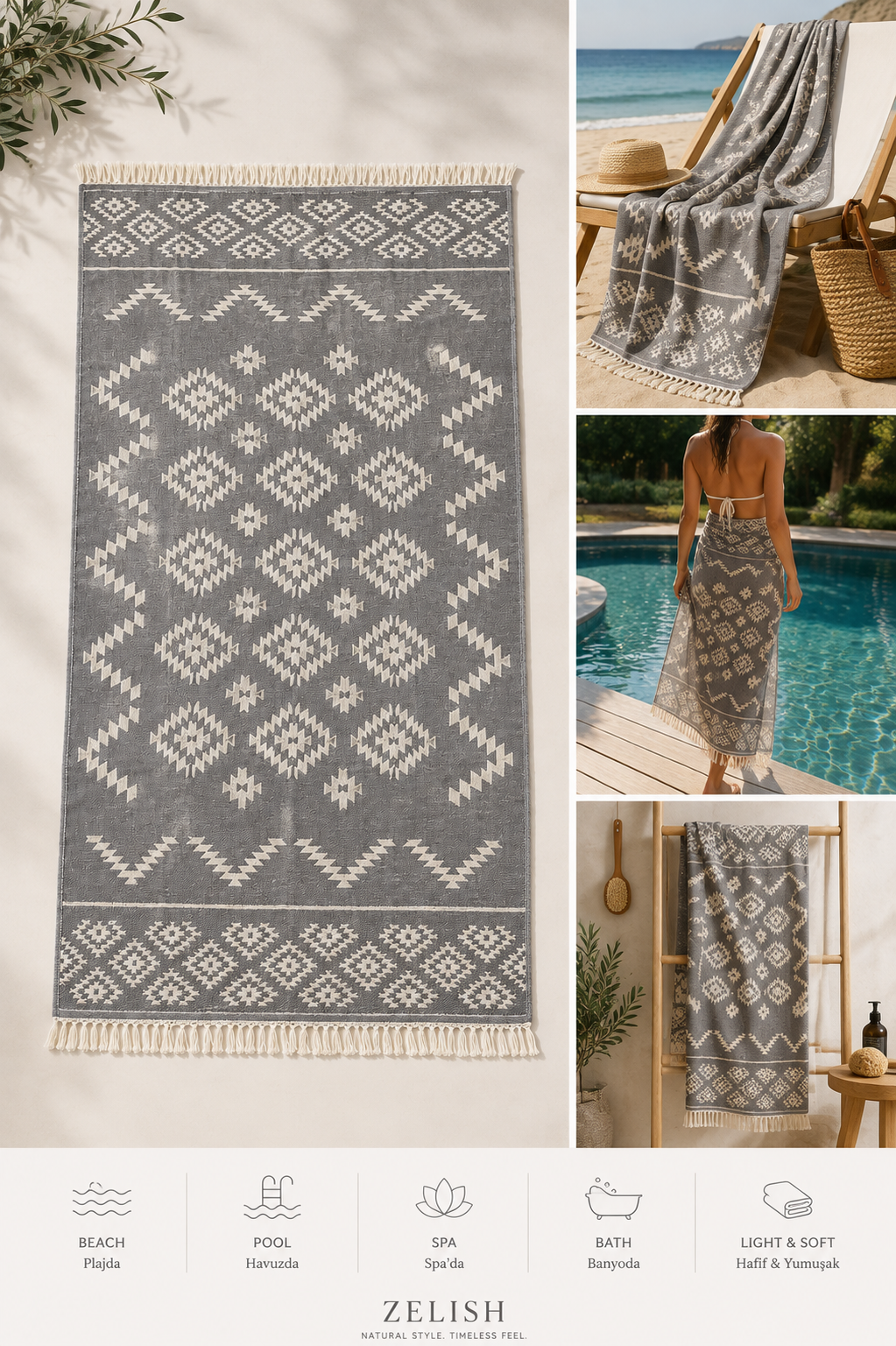 ZELISH Reversible Turkısh Cotton Peshtamal/Towel  -Gray 90x170cm
