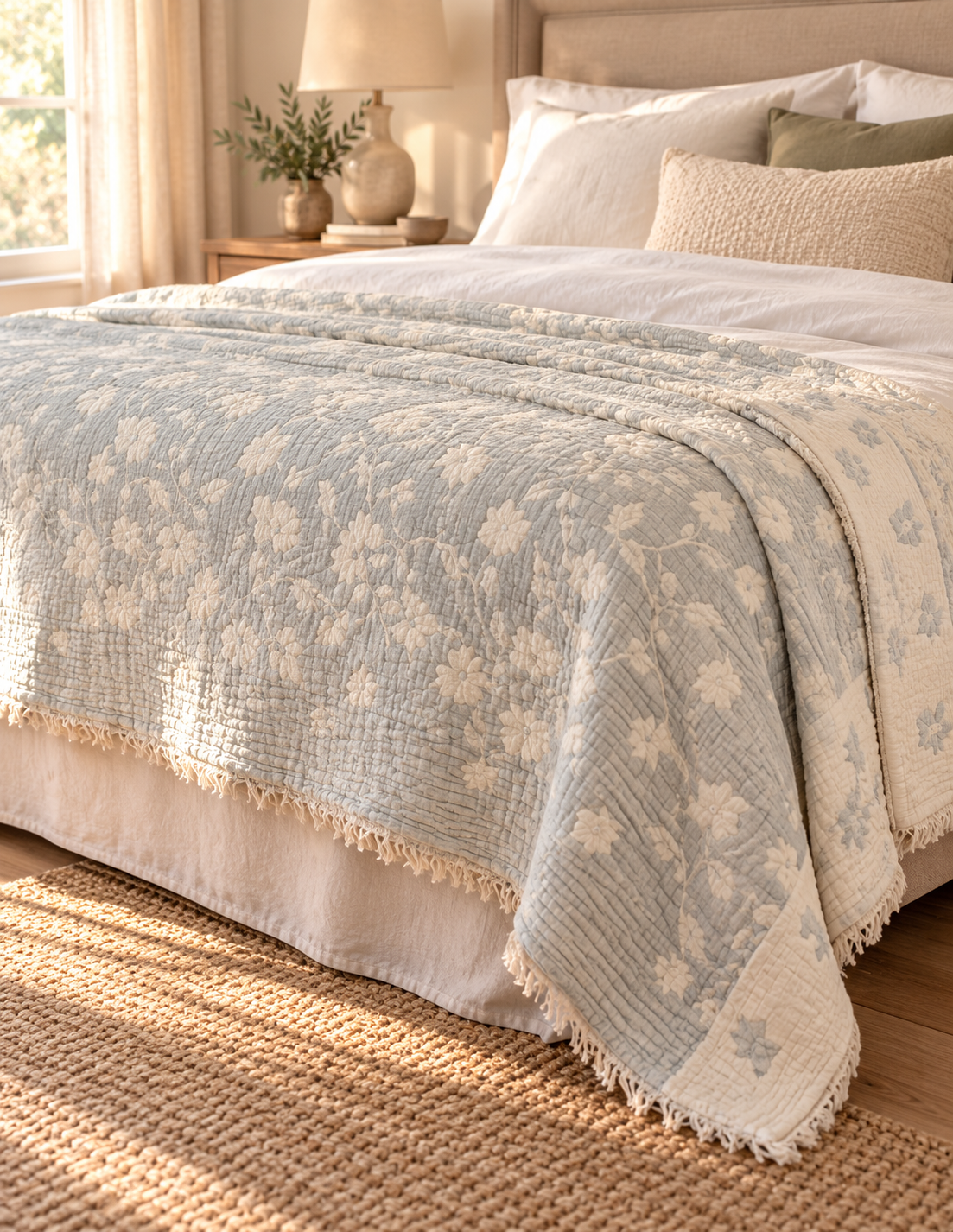 Sage Green Floral Cotton Bedspread with Fiber Filling
