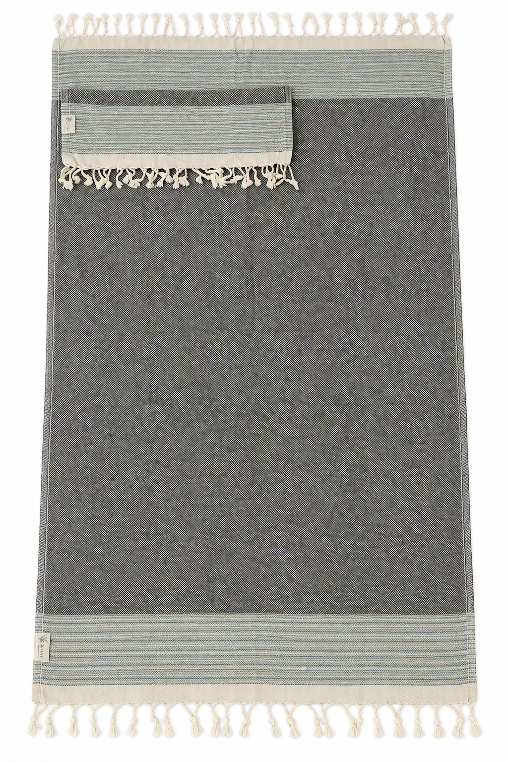 Charcoal Gray & Sage Stripe 100% Cotton Peshtemal Set with Matching Head Towel