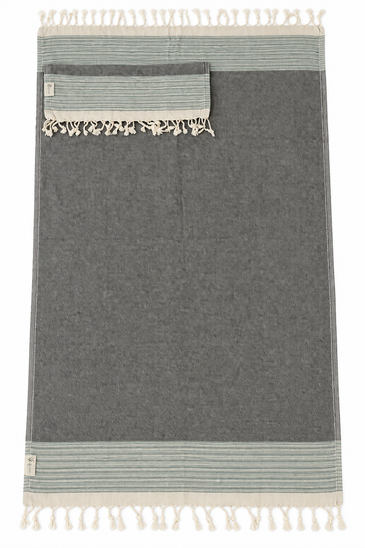 Charcoal Gray & Sage Stripe 100% Cotton Peshtemal Set with Matching Head Towel