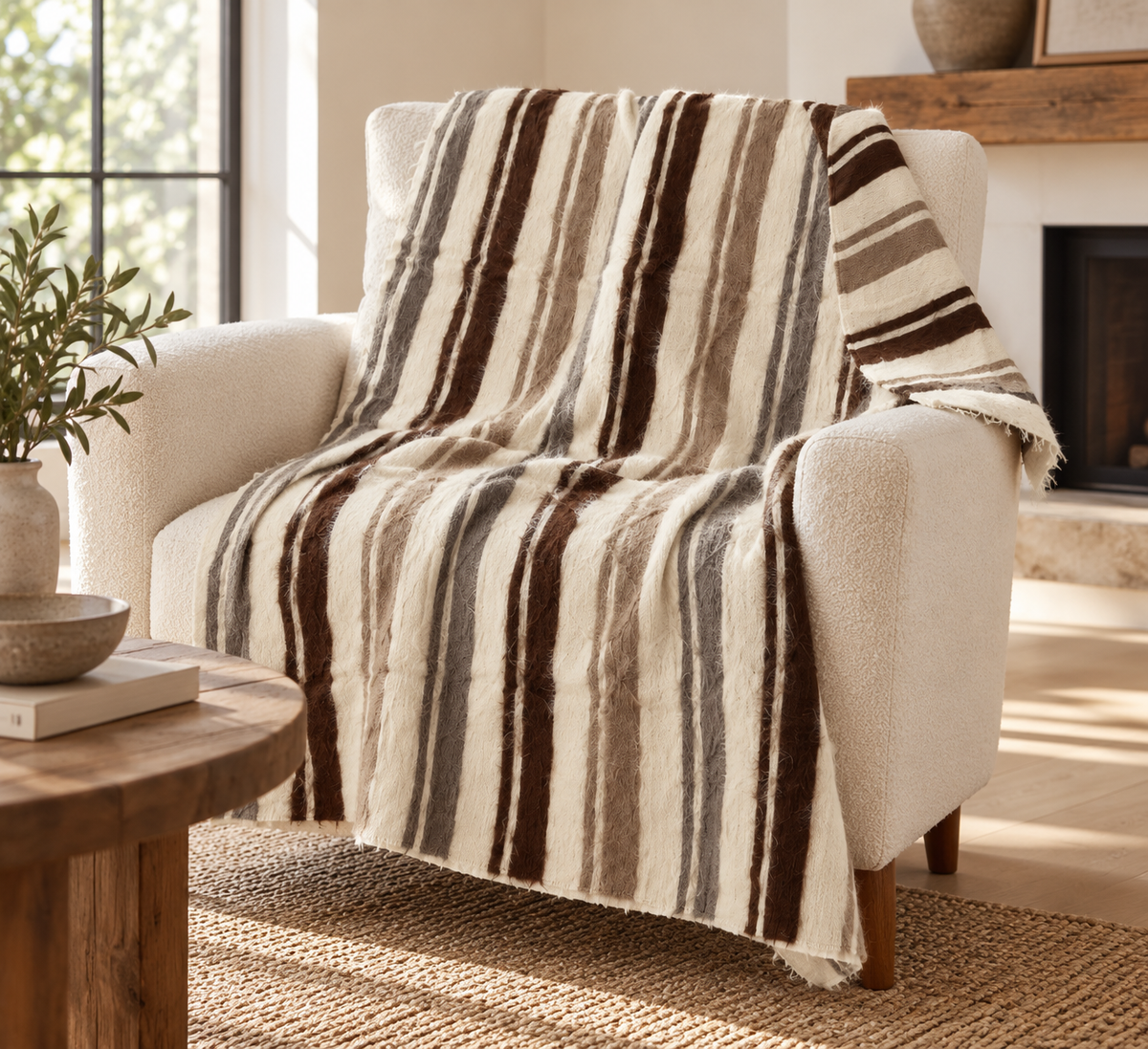 Handwoven 100% Mohair Goat Wool Blanket – Brown & Ivory Stripes